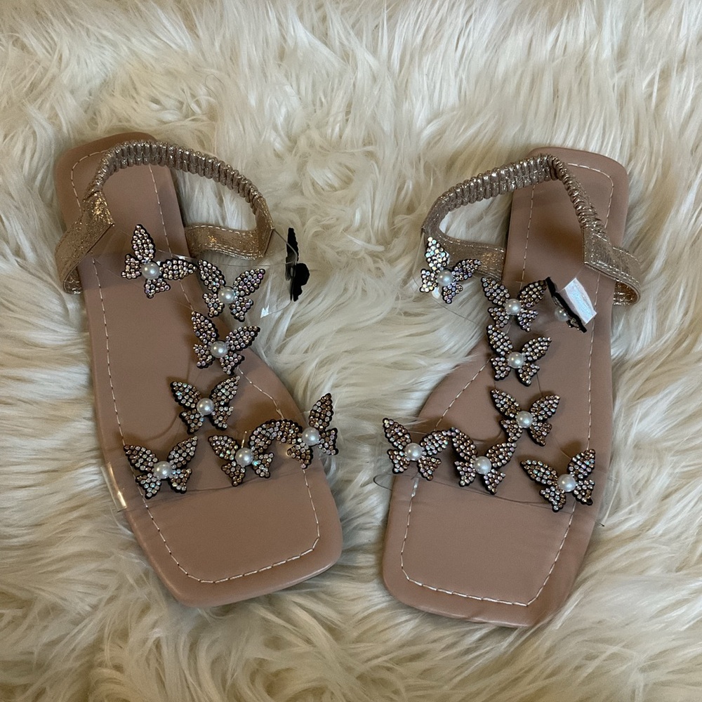 Rhinestone Butterfly Flat Sandals (Size 10)